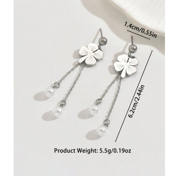 Four Leaf Clover Drop Earrings with Pearl Dangles | Sterling Silver - Picture 2 of 2